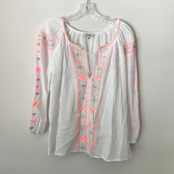Madewell Boho Tribal White & Neon Embroidered Peasant Blouse Size XS - Picture 2 of 8